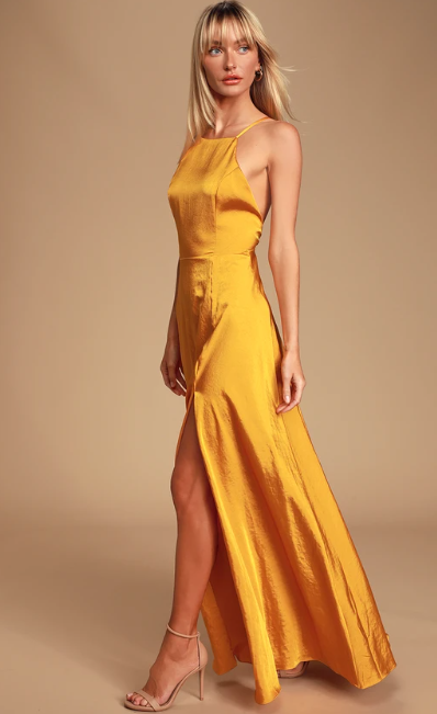 Golden Yellow Satin Backless Maxi Dress