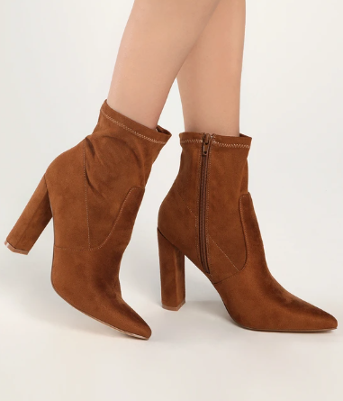 Lulus Weldin Tan Suede Pointed-Toe High Heel Booties