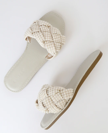 Lulus Avalon Ivory Pearl Braided Flat Slide Sandals