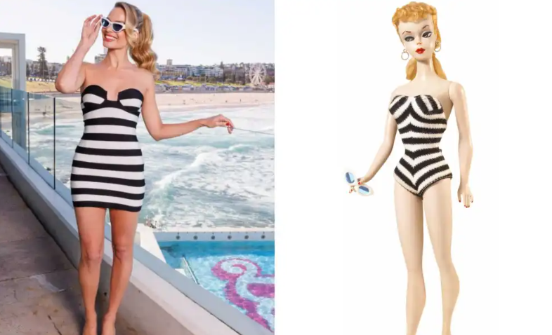 Margot Robbie Black and White Striped Mini-dress