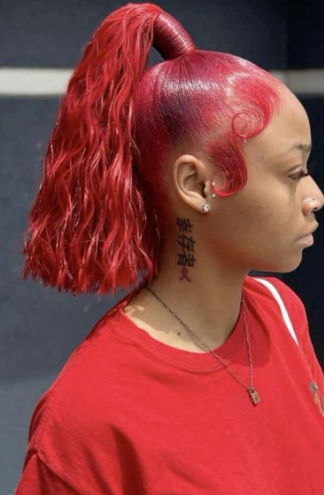 Dark Red Hair Slicked-Back Ponytail Style