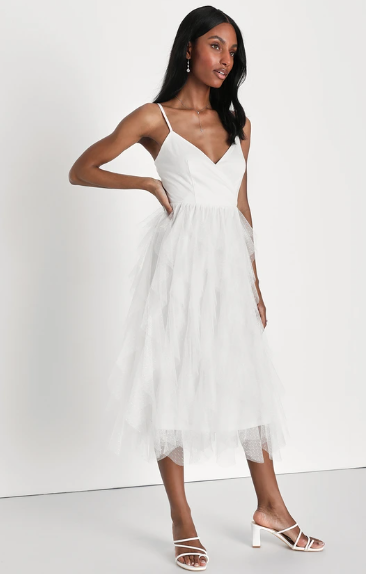 Lulus Breathtaking Essence White Mesh Swiss Dot Ruffled Midi Dress