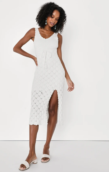 Lulus Sunny Daydreams White Sleeveless Crochet Midi Sweater Dress