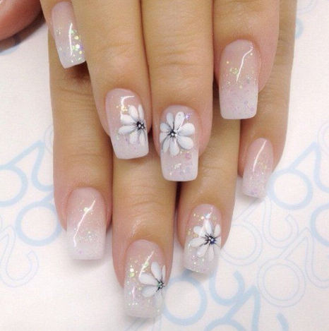 White Nails With Flower Designs