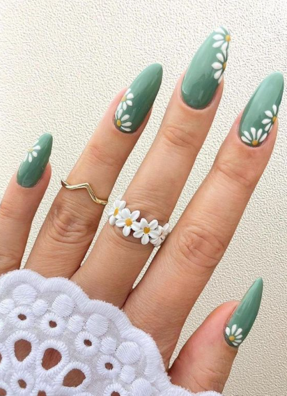 Sagе Grееn Nails With Floral Accеnts