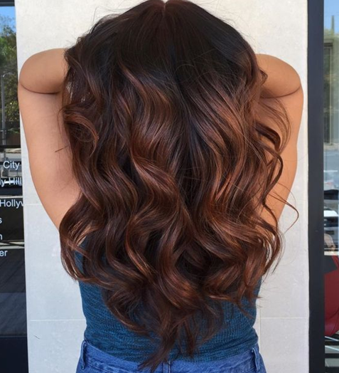 Brown Auburn Highlights On Black Wavy Hair