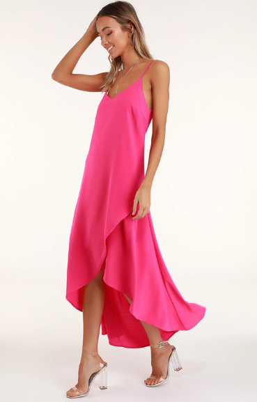 Lulus Sweet Surprise Bright Pink High-Low Maxi Dress
