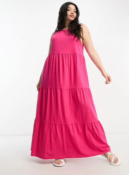 ASOS DESIGN Curve Sleeveless Tiered Maxi Dress In Bright Pink
