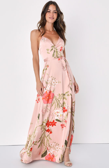 Lulus Still the One Blush Pink Floral Print Satin Maxi Dress