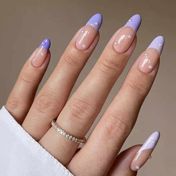 Purple French Manicure With Pearls