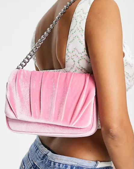 Asos Design Pink Velvet Shoulder Bag with Ruched Flap