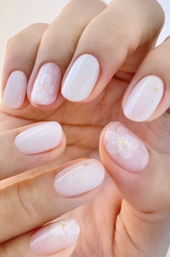 Soft Floral Milky White Nails