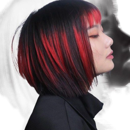 Red Bangs and Highlights on Black Hair