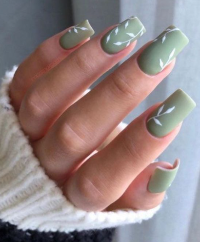 Sage Green Leafy Square Nails