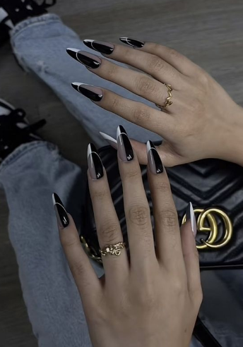 Half French Half Solid Black Acrylic Nails