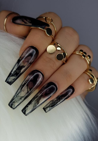 Marble Black Acrylic Nails