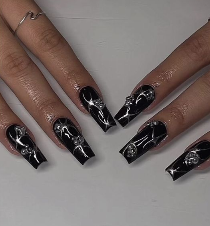 Pearl Accent Black Acrylic Nails