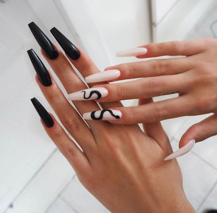 Black and White Coffin Long Nails