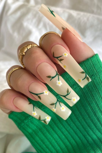 Cute Floral Long Nails