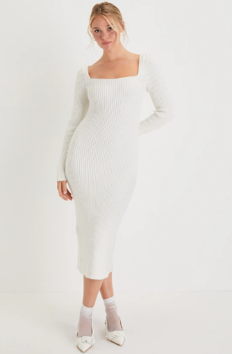 Ribbed Knit Pearl Sweater Dress