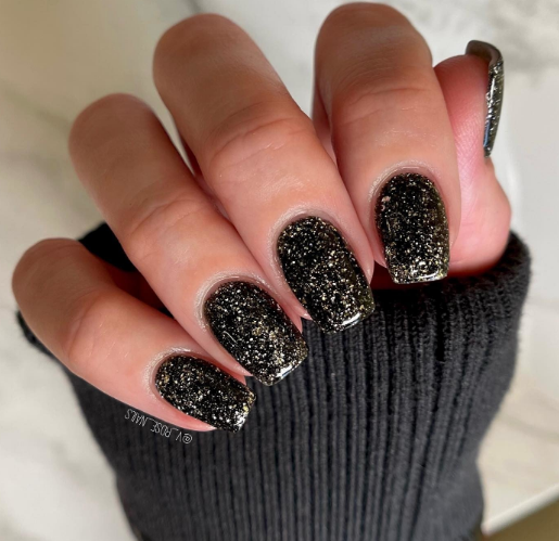 Glittery Black Dip Nails