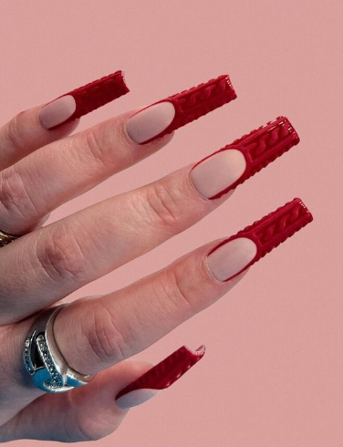 Hot Red Knit French Tips